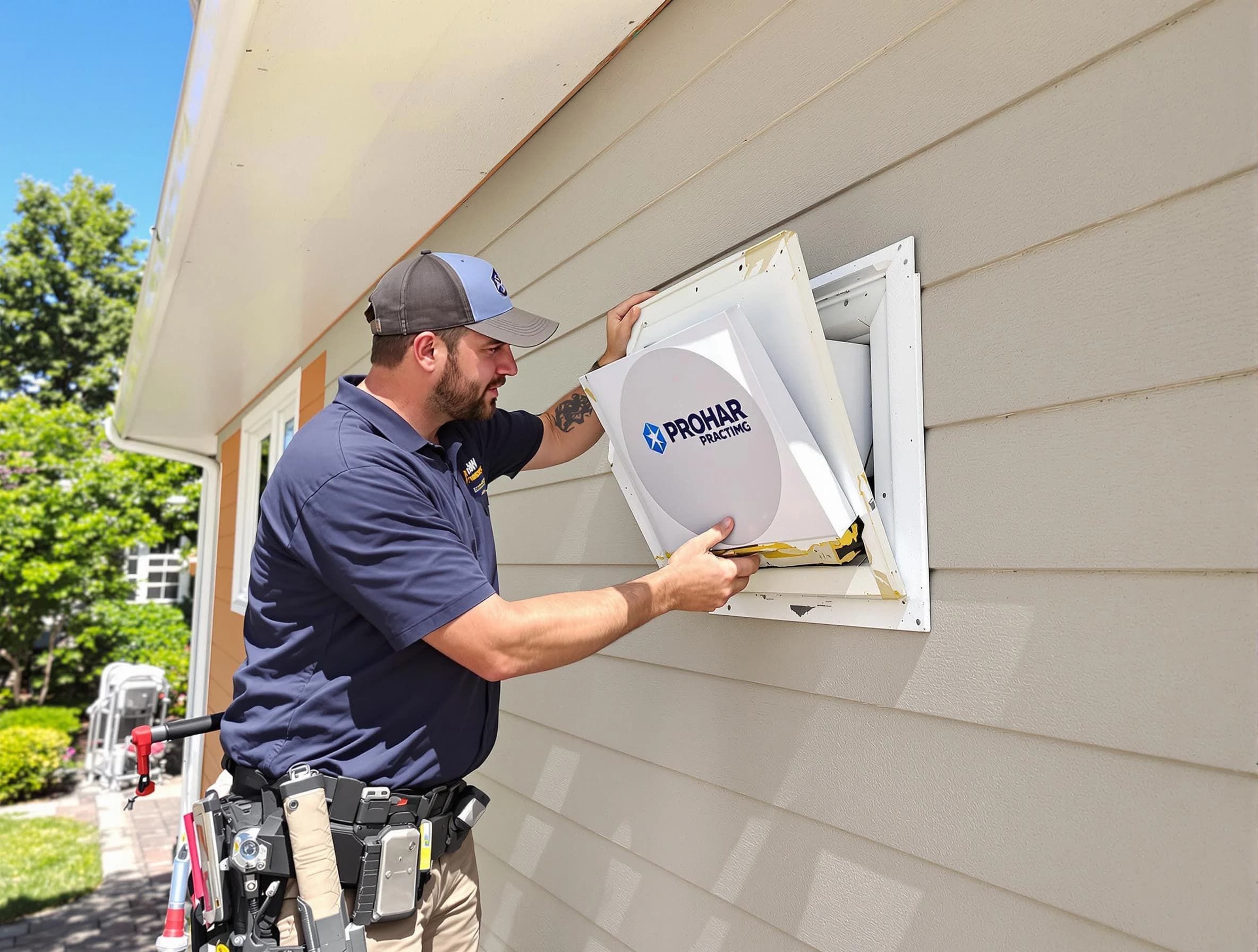 Chino Dryer Vent Cleaning technician installing a new protective dryer vent cover on a home in Chino
