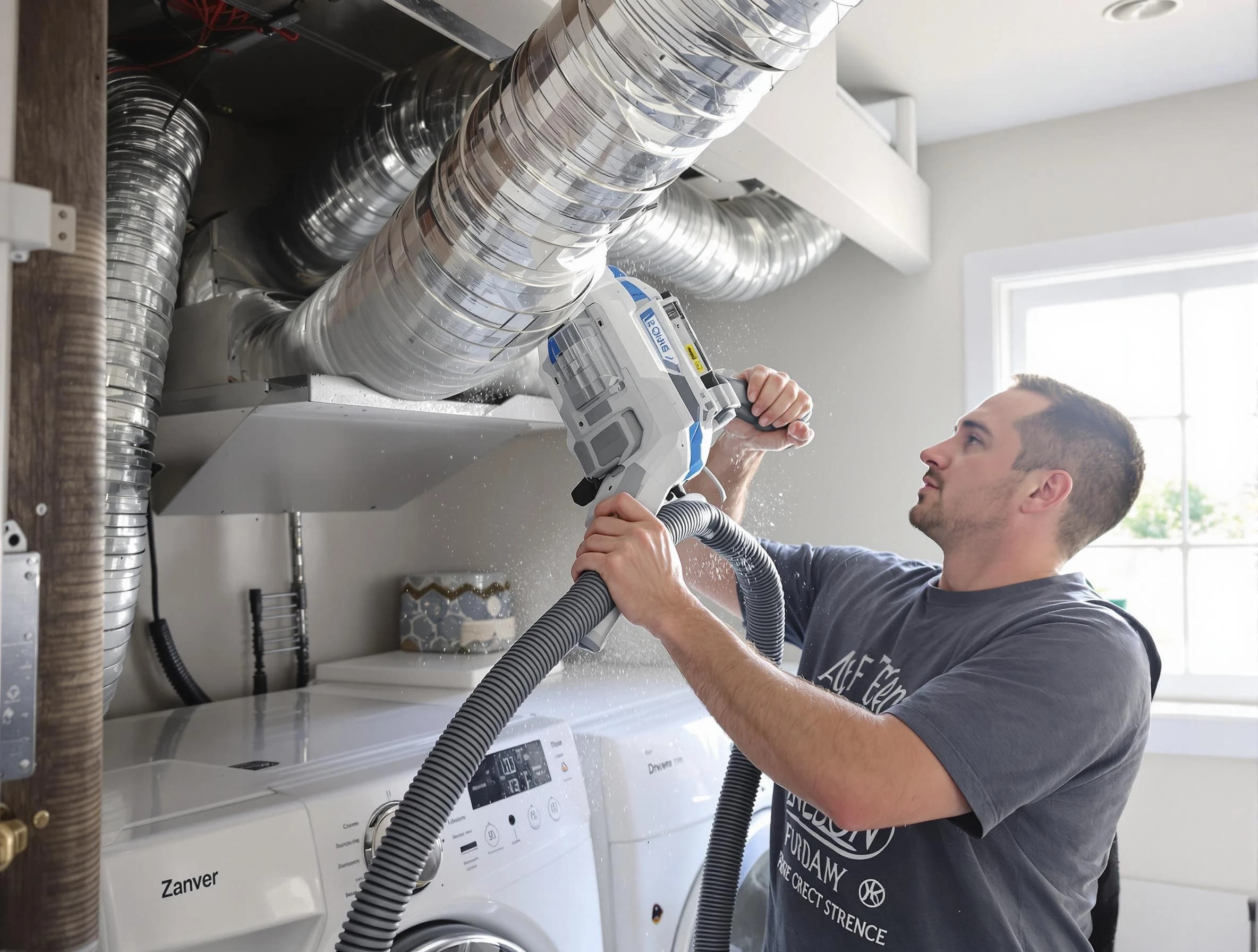 Chino Dryer Vent Cleaning specialist cleaning deep within a dryer vent duct system in Chino