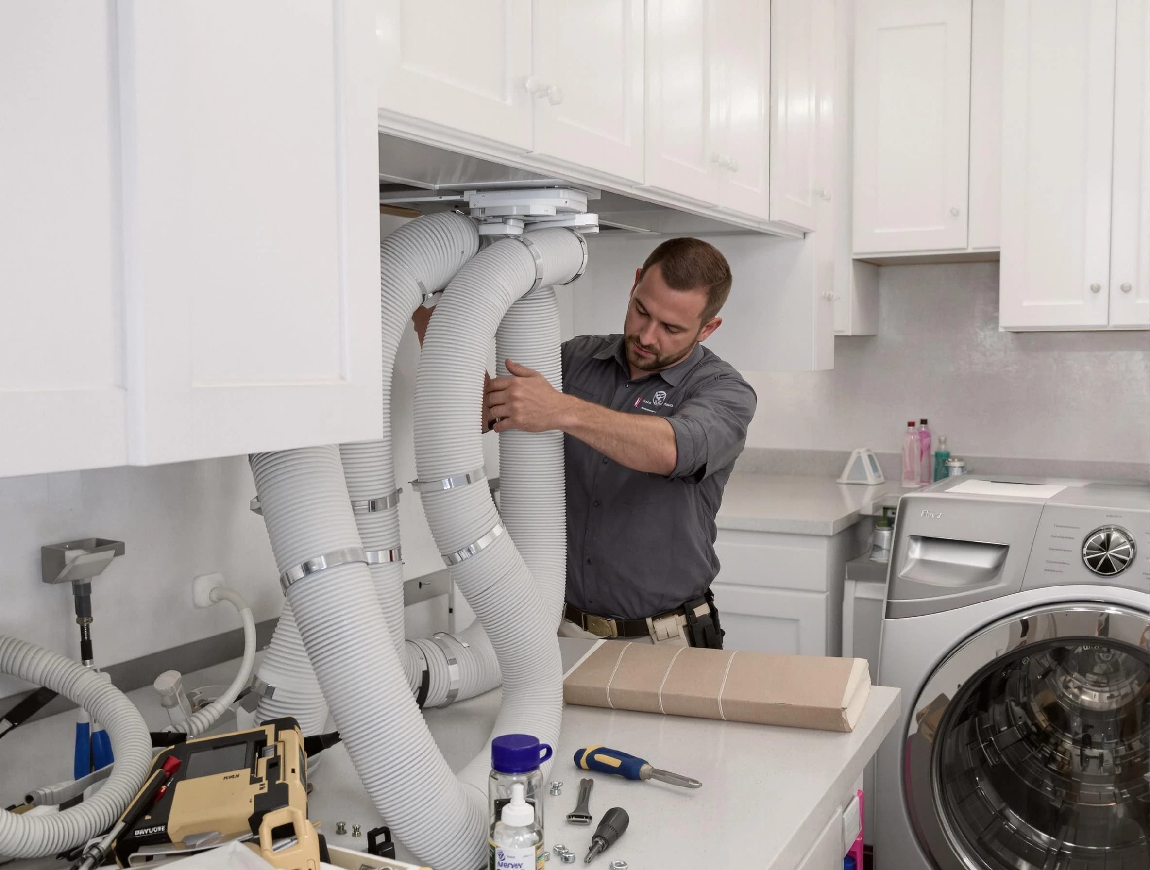 Chino Dryer Vent Cleaning technician installing a new professional-grade dryer vent hose in Chino
