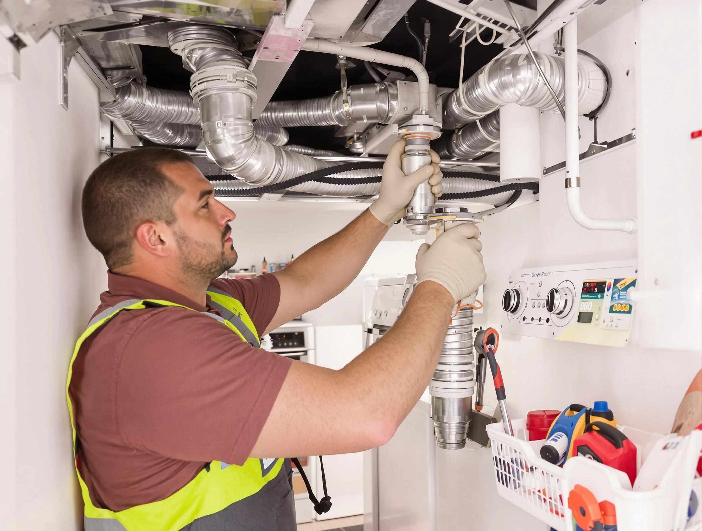 Chino Dryer Vent Cleaning expert performing both repair and installation work on a dryer vent system in Chino