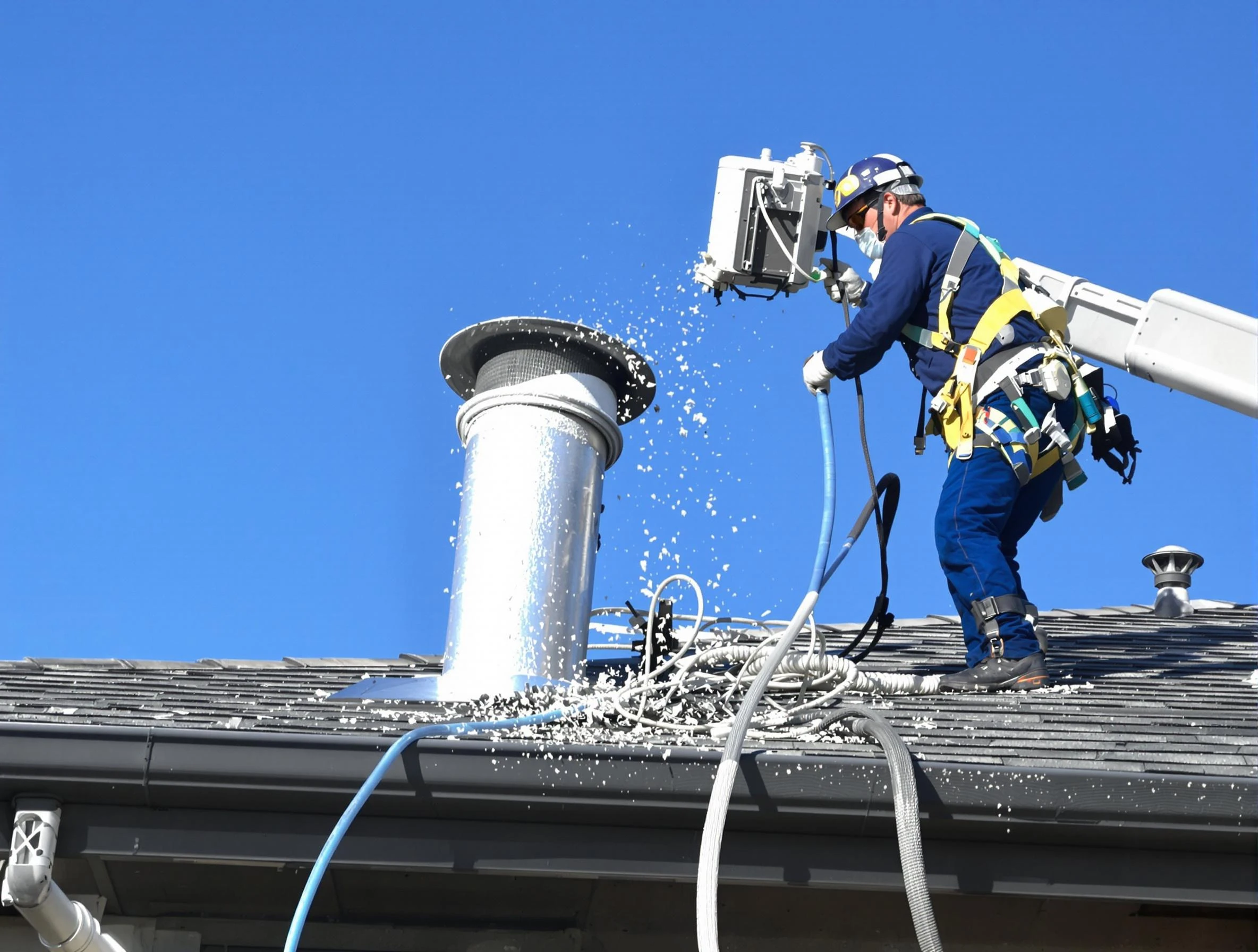 Chino Dryer Vent Cleaning certified technician safely cleaning a roof-mounted dryer vent in Chino