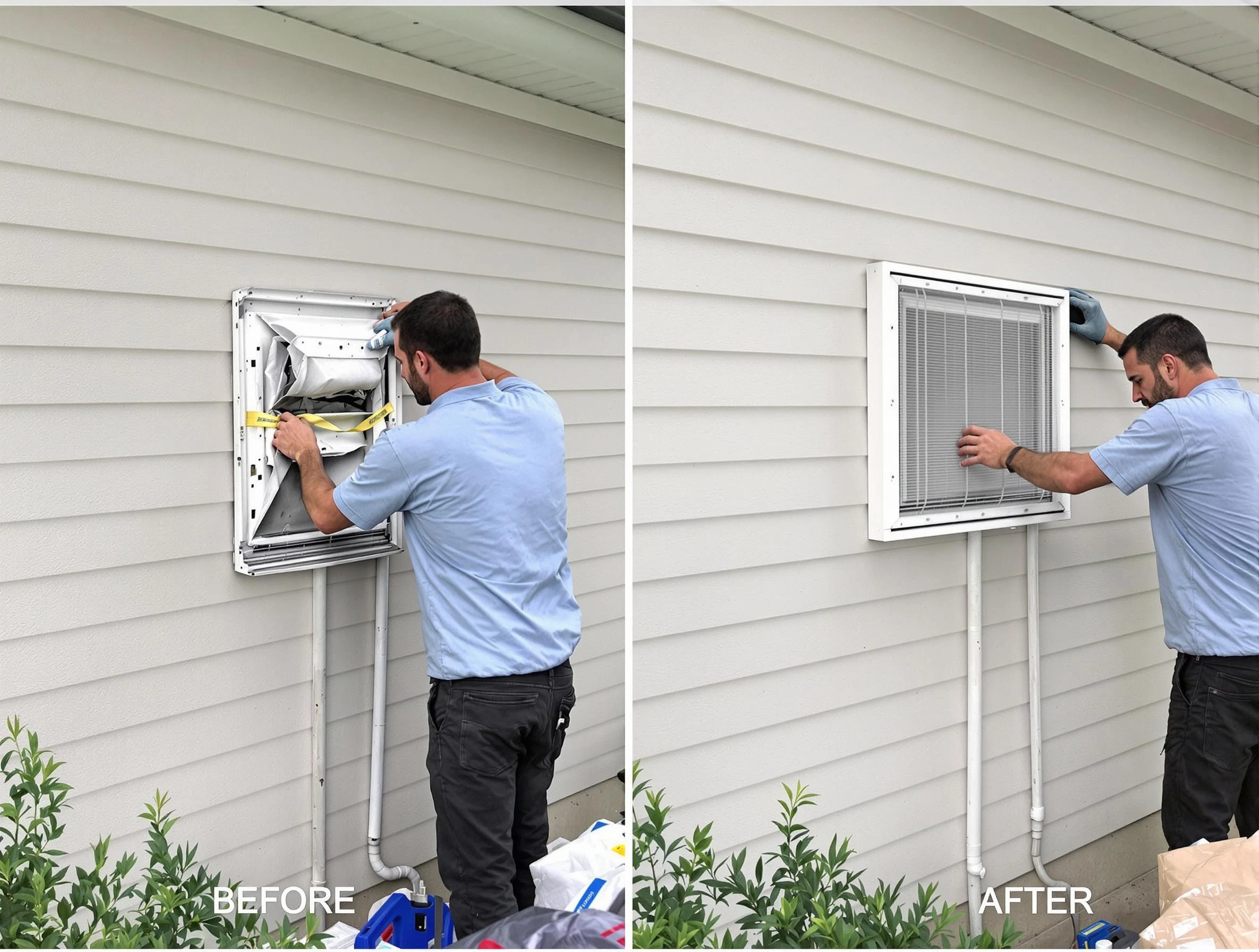 Chino Dryer Vent Cleaning technician installing high-quality dryer vent cover at a residential property in Chino